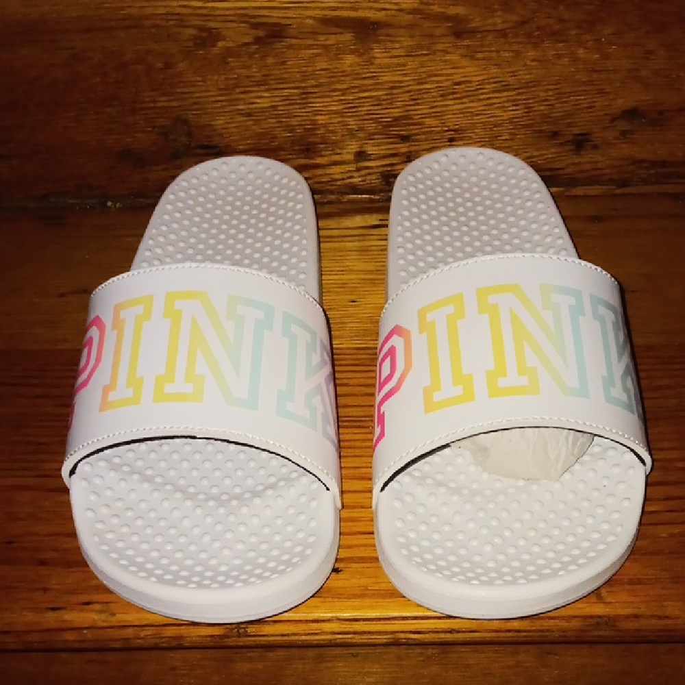 Womens Slide Sandals - White with Multicolor Accents